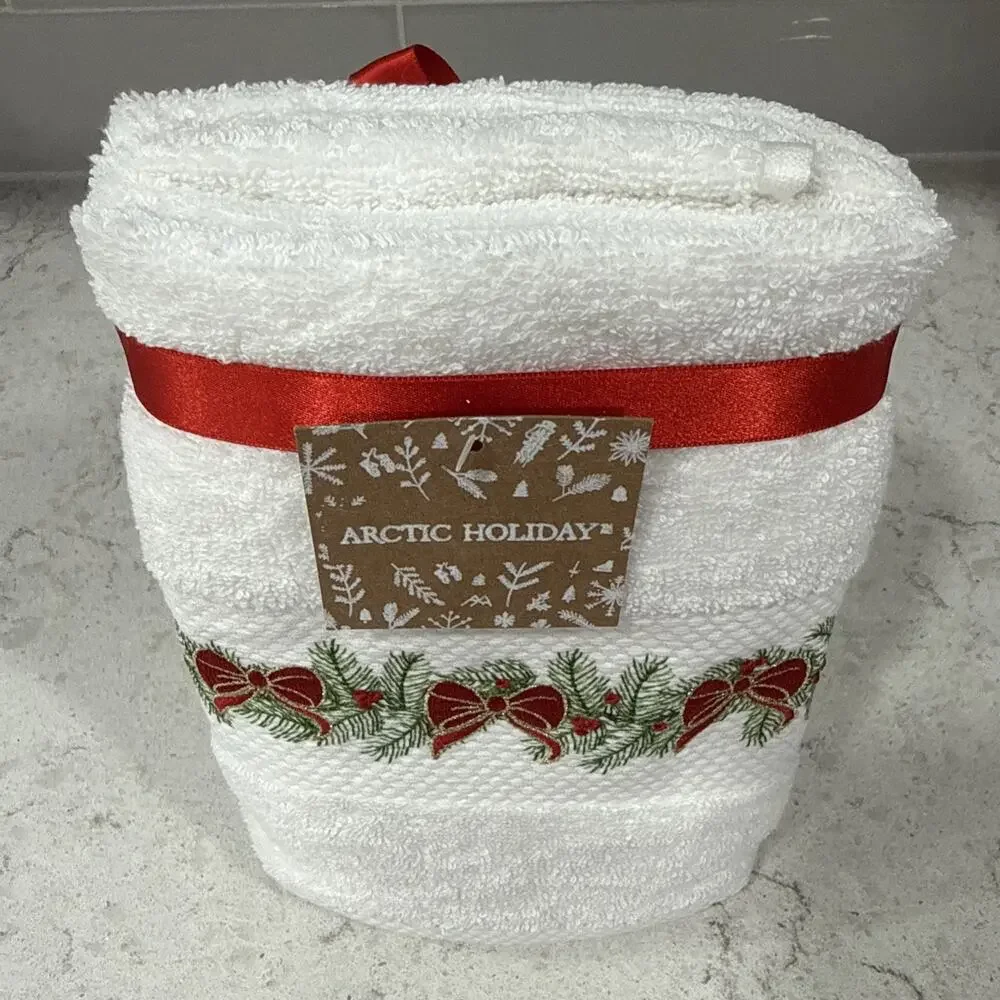 Set of 2 Arctic Holiday Christmas Hand Towels Holly Berries Embroidered Turkish